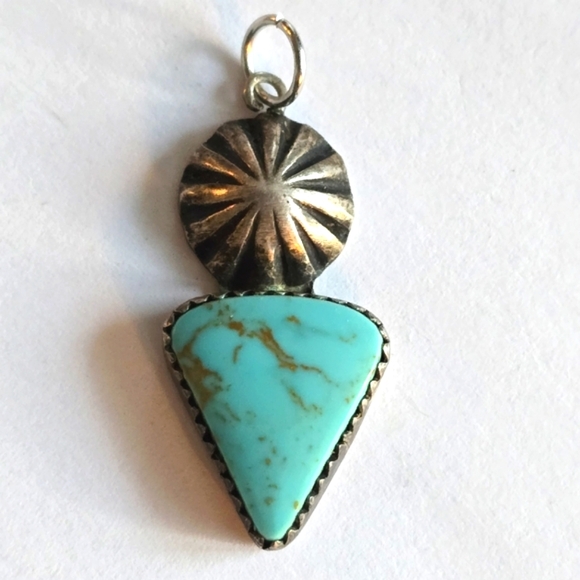 Vintage Jewelry - Vintage pendant charm Southwestern style concho silver tone turquoise color